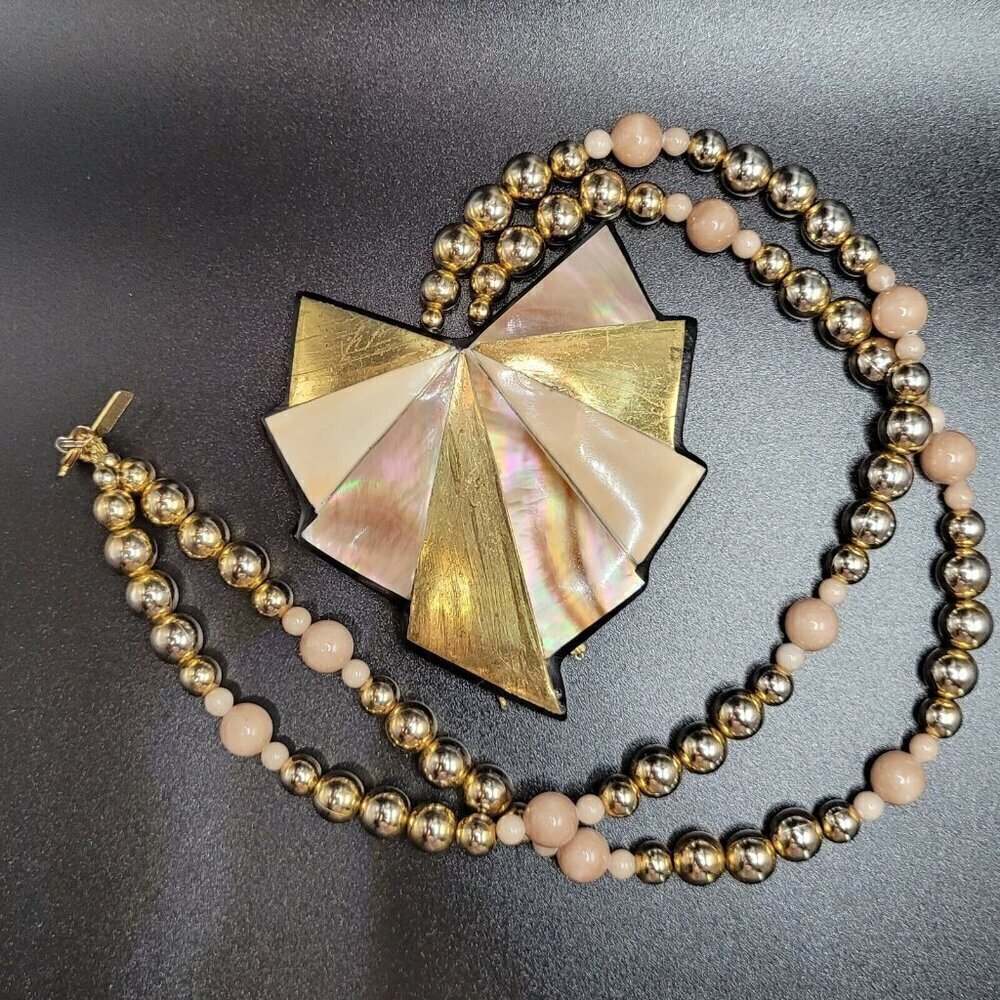 Vintage Carla Jordan Statement Necklace Thermoset 24"-27" Abalone Gold On Black - Picture 2 of 9